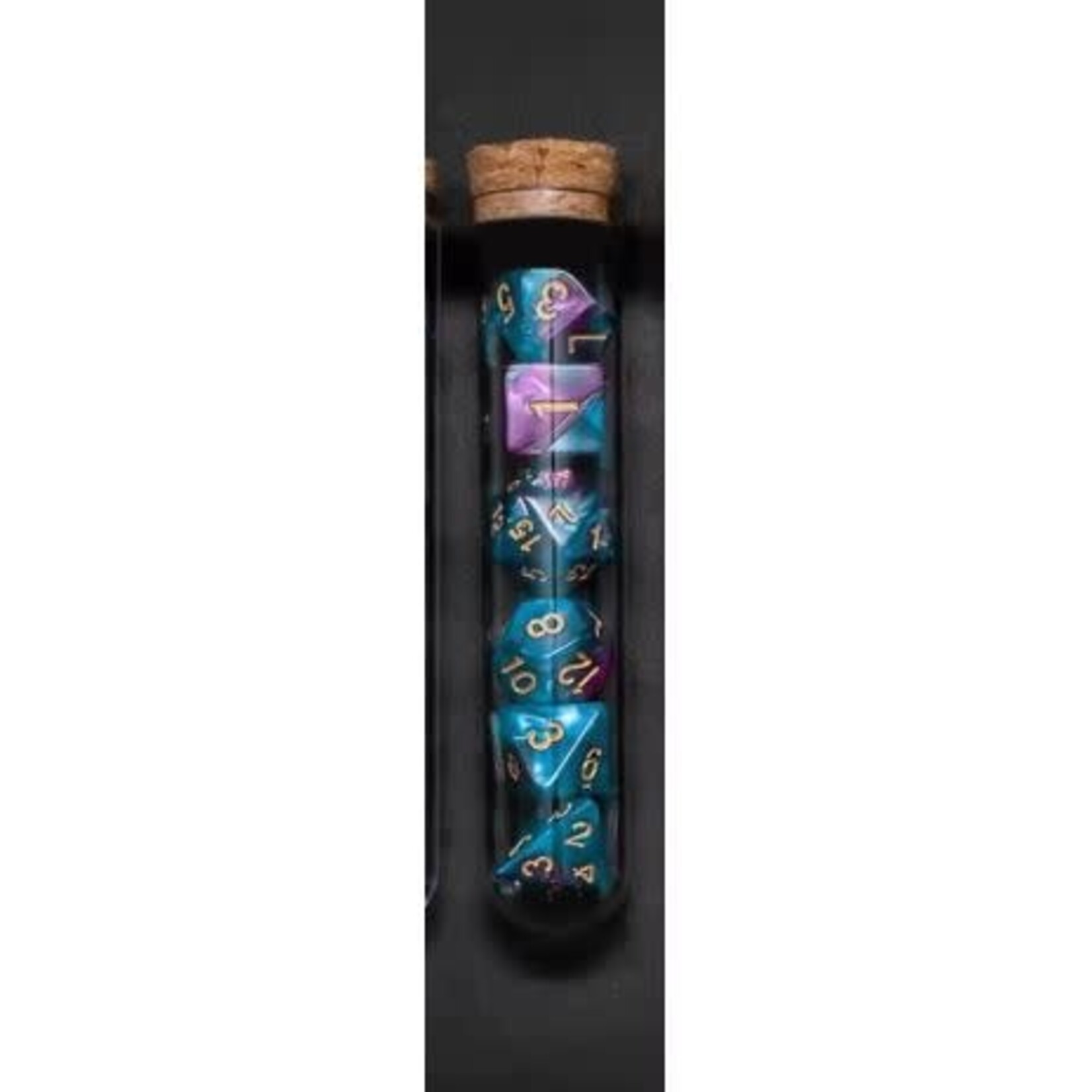 Transparent Polyhedral D&D Dice Set - 7 Die in Fantasy Potion Flask - Purple and Blue