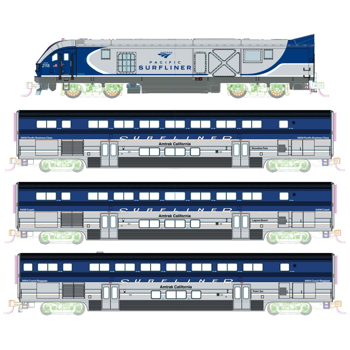 10690011 N Amtrak Pacific Surfliner SC-44 Diesel 4-Unit Base Set w/Lighting