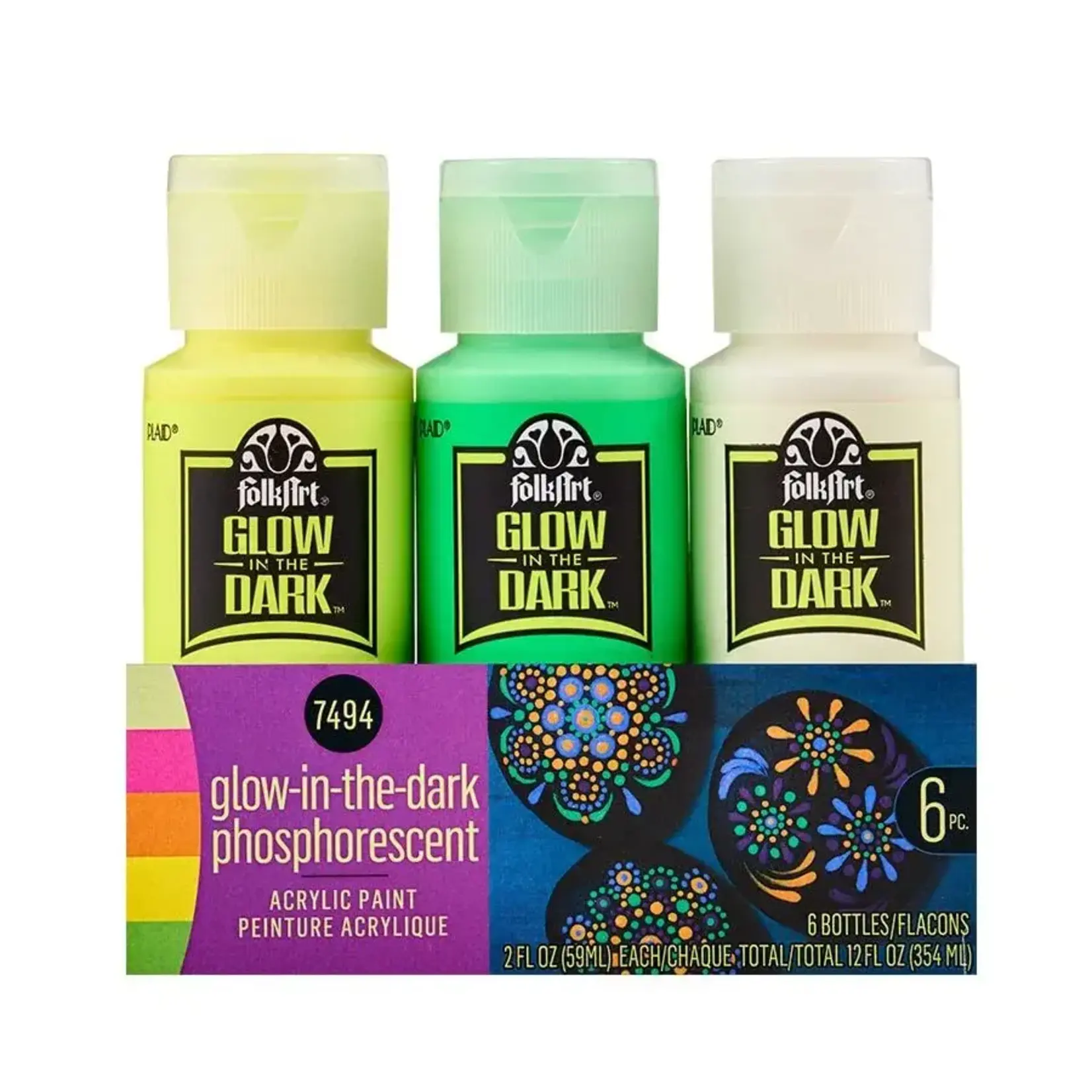 Plaid Crafts 7494 FolkArt Glow in the Dark Acrylic Paint Set - 6 Color 2oz