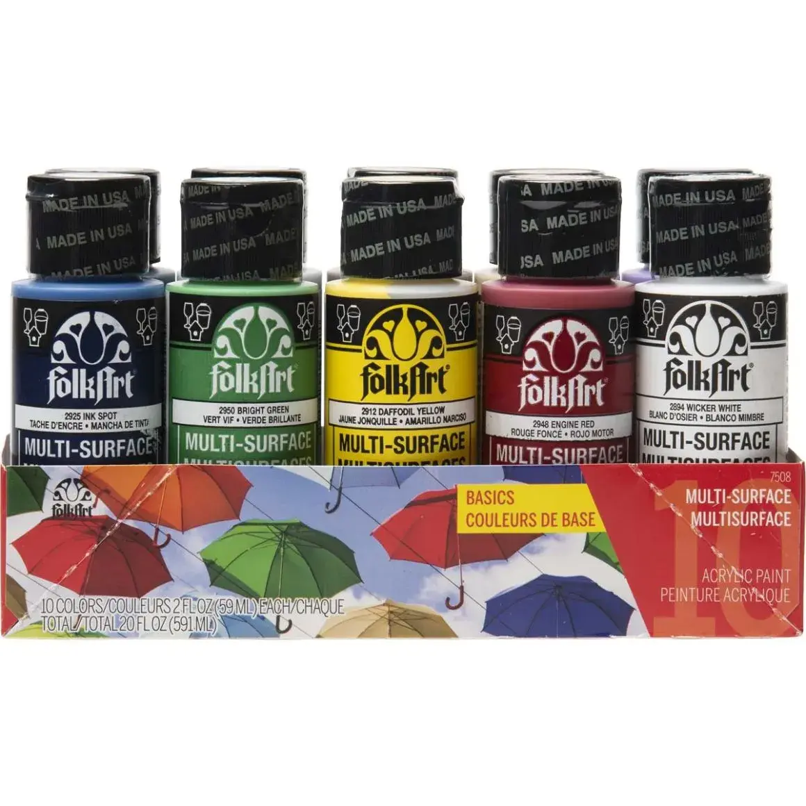7508 FolkArt MultiSurface Acrylic Paint Basics - 10 Color 2oz