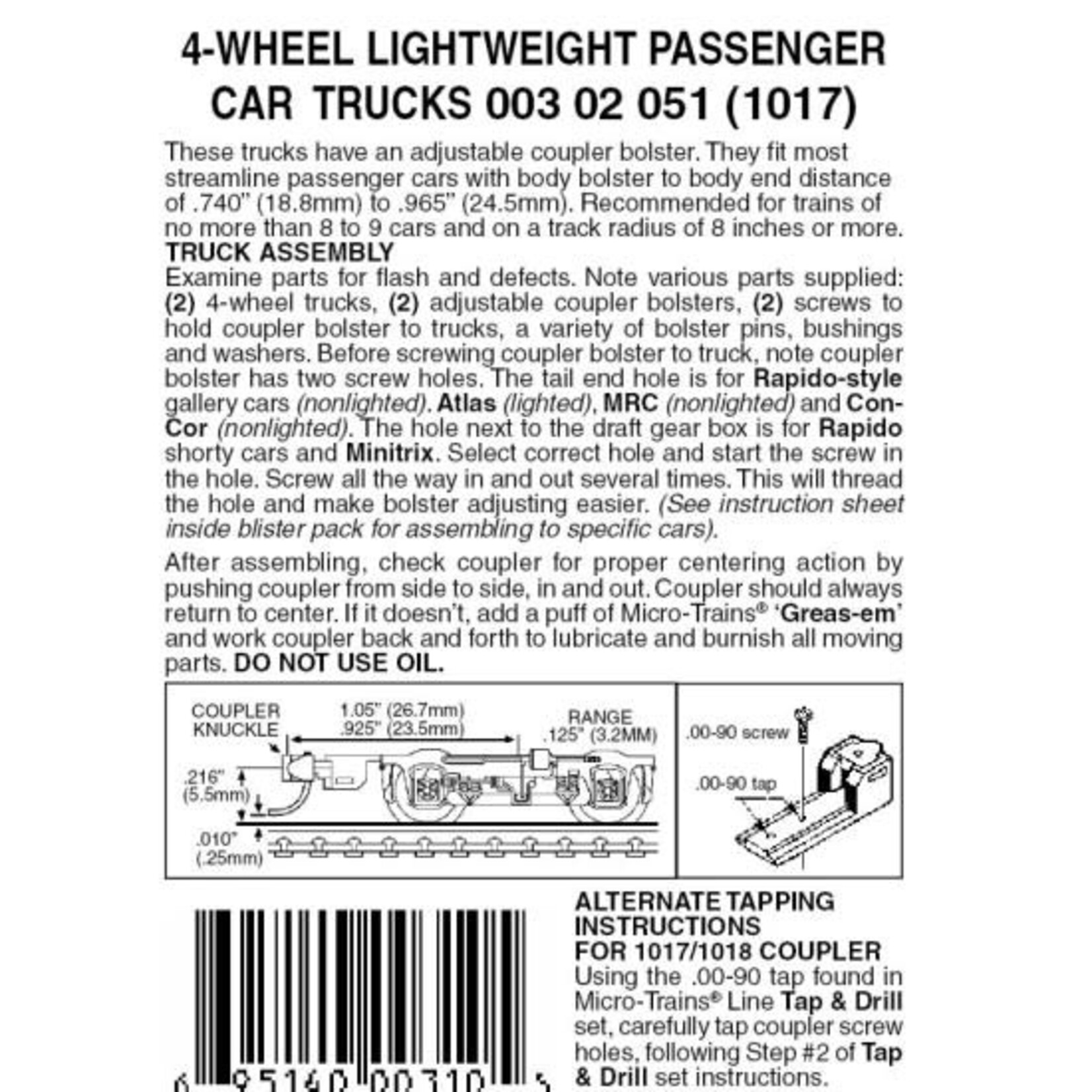 Micro Trains Line 00302051 N 4-Wheel Passenger Car Trucks