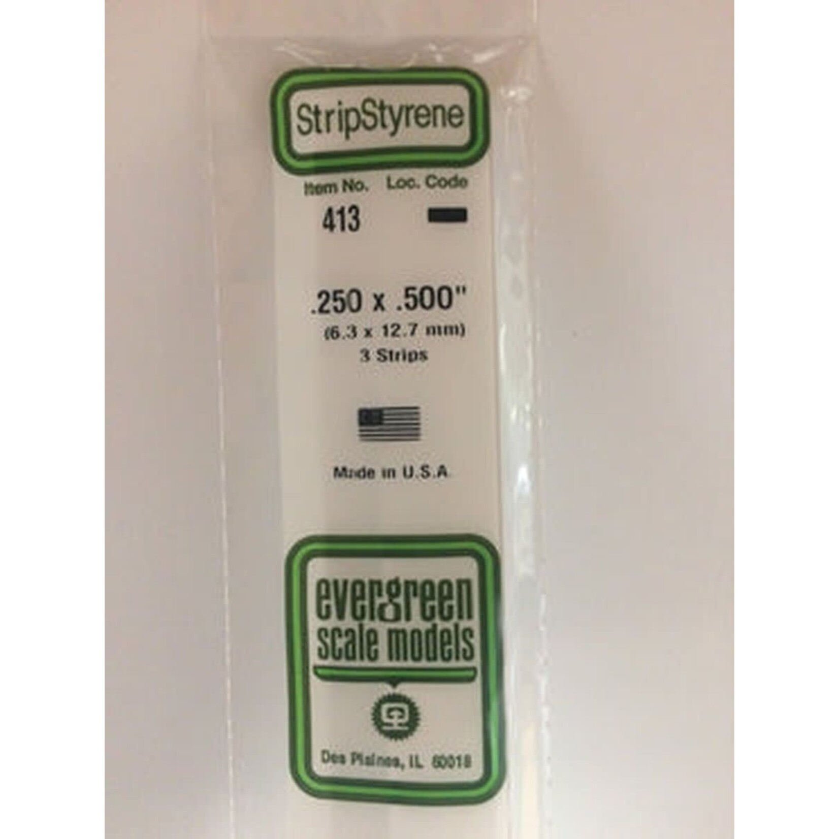 Evergreen 413 Styrene Strip .250” x .500” (3)