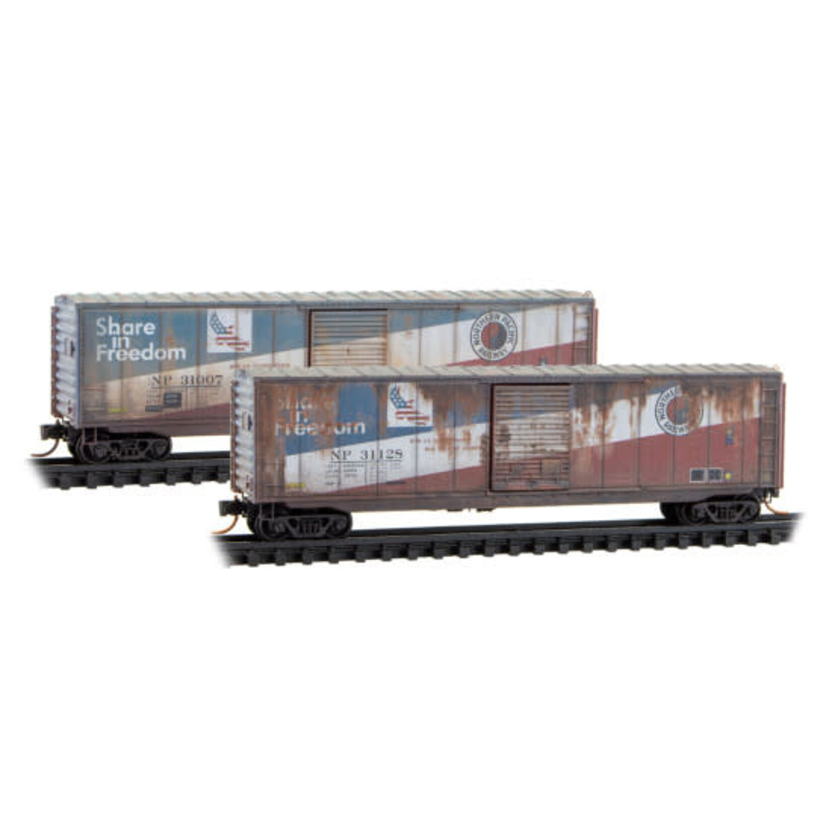 Micro Trains By Atlas 983105109 N 50' Single Door Box Car w/o Roofwalk BN EX-NP Share In Freedom Weathered 2 Pk 31003 31128
