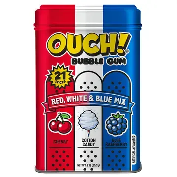 Ouch! Bubble Gum Band-Aids Tin Red White and Blue