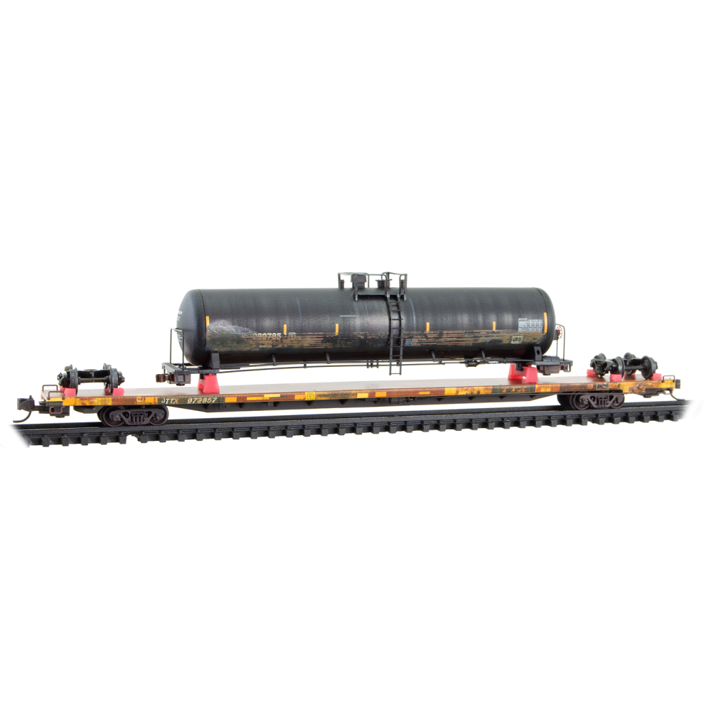 071144941 N 89' TOFC Flat Car TTX Weathered w/ Wrecked tank Car Load Kit #972657