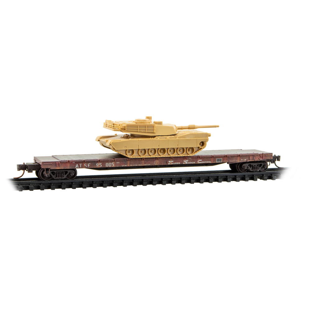 983102294 N 57' Converted TOFC Flat car ATSF Weathered 2-Pack w/ M1 Abrams Tank Kit #95005 #95011