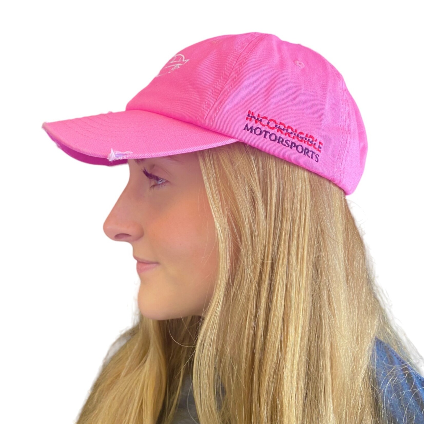 INCORRIGIBLE MOTORSPORTS "JANKY" RACE CAR HAT WOMENS EMBROIDERED 6 PANEL UNSTRUCTURED DISTRESSED SNAP BACK