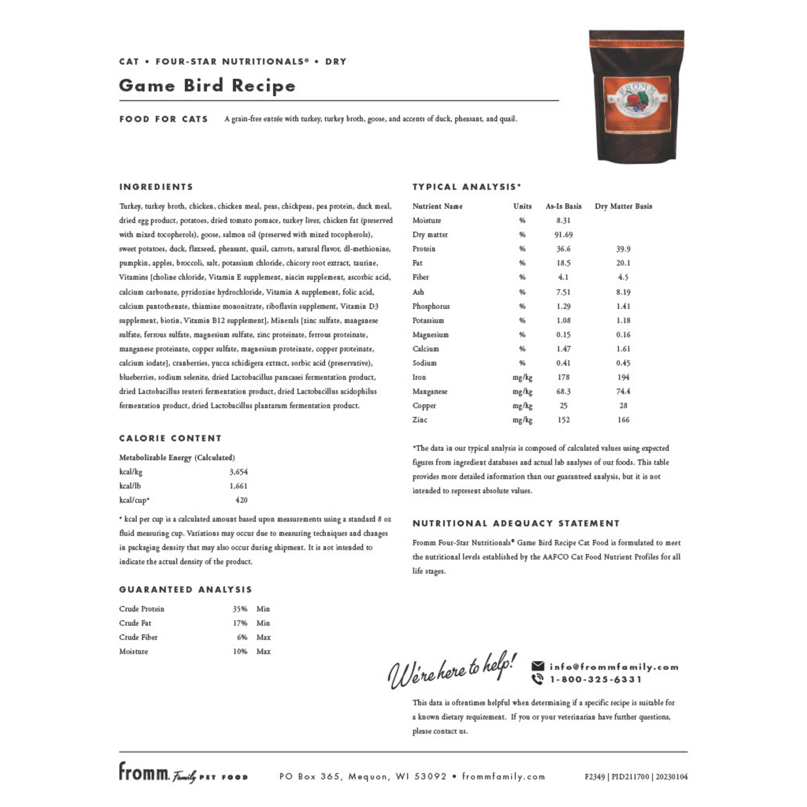 Fromm fourstar clearance cat food gamebird
