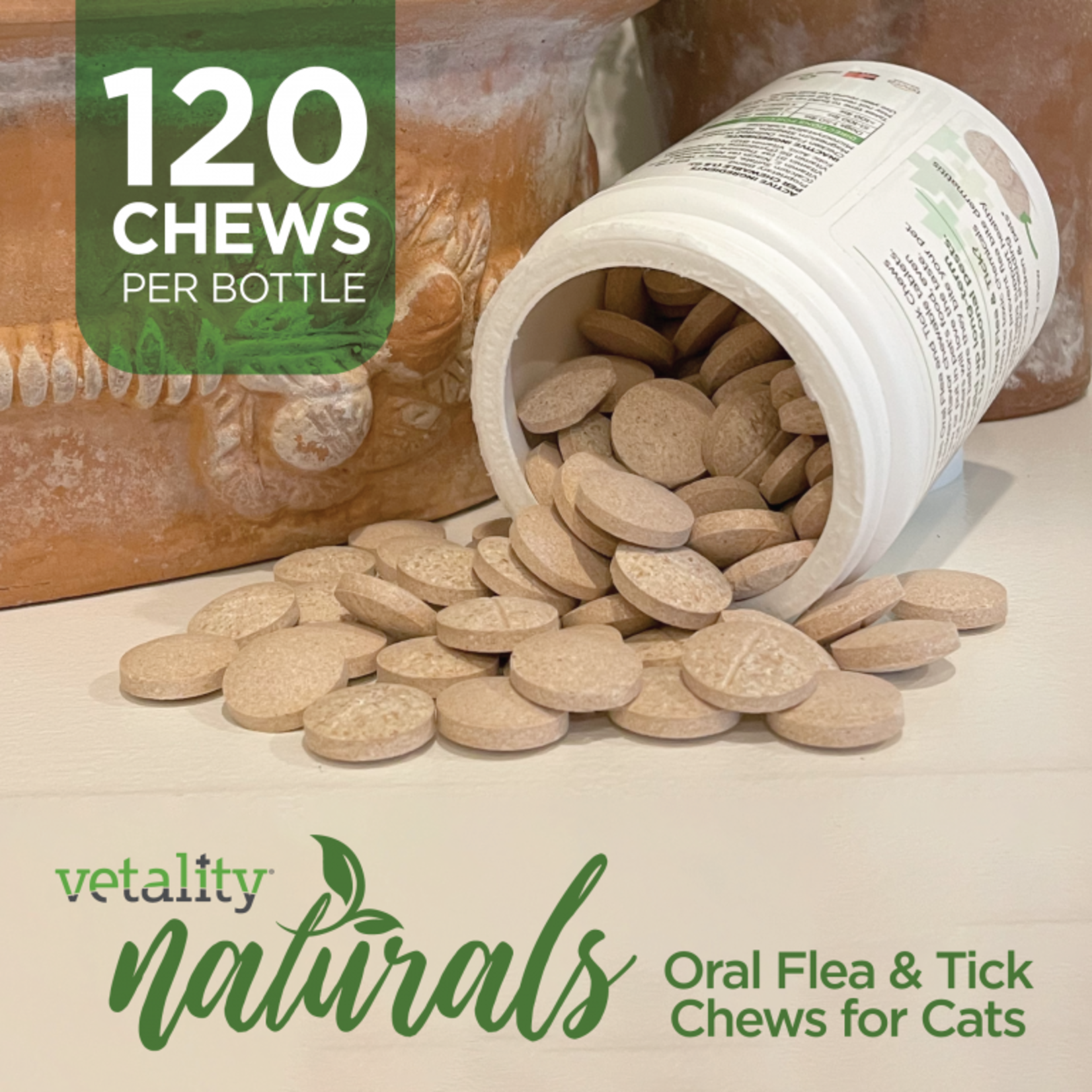 TevraPet Vetality Naturals Oral Flea & Tick Chews for Cats, 120 Chew Tablets