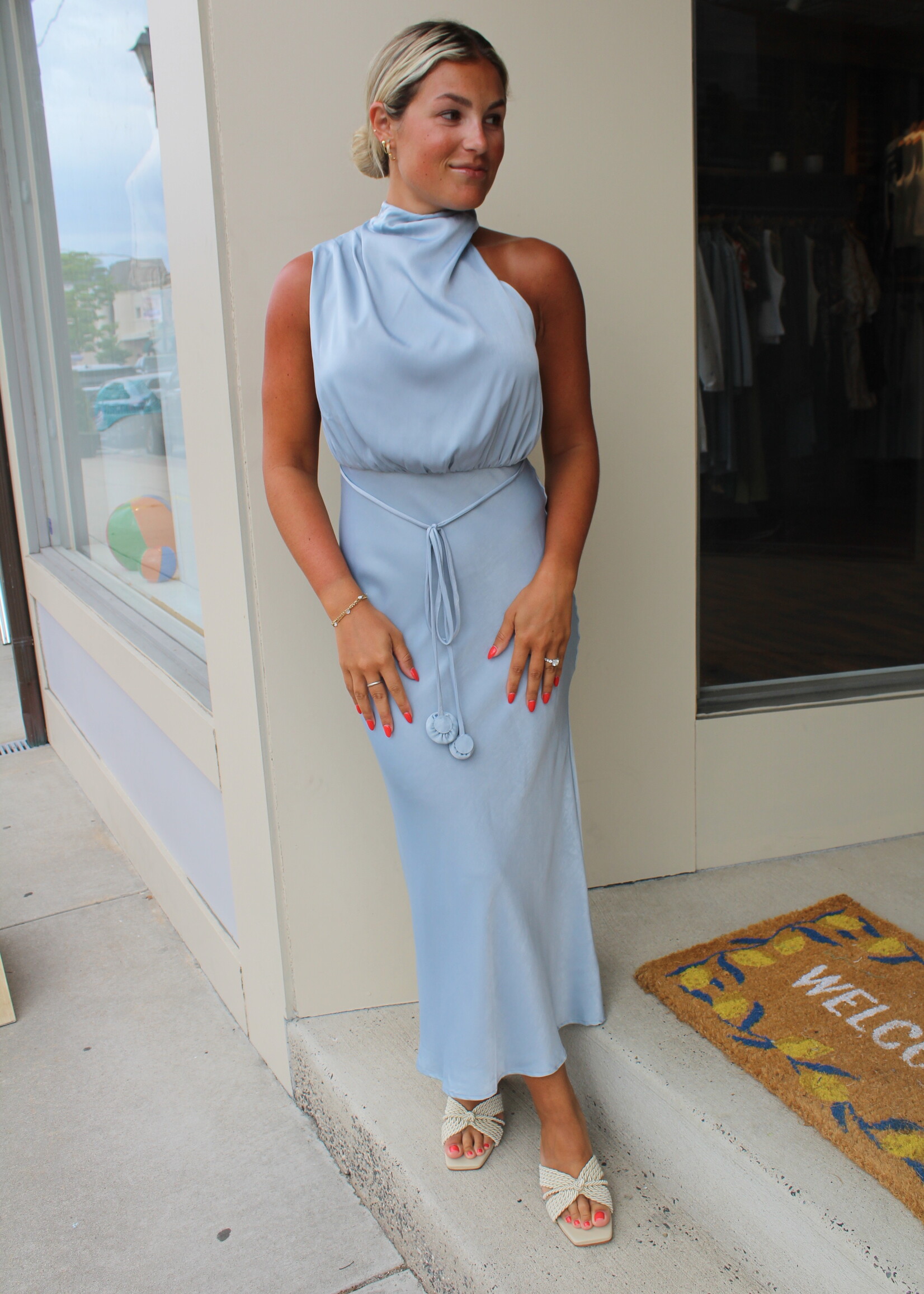 En Saison Blue Ani Satin Cowl Dress