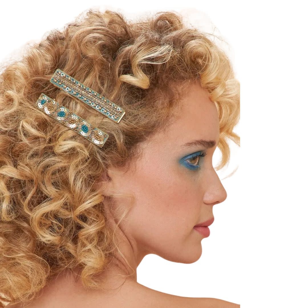 Powder UK Teal Ovals and Bead Bar Narrow Hair Clips