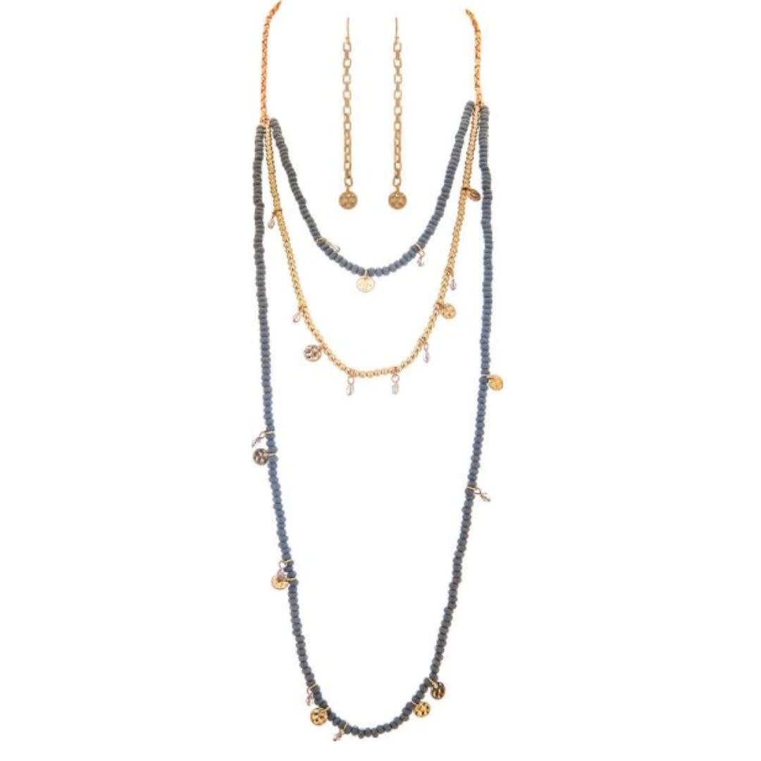 Rain Jewelry Gold Grey Bead Long Layers Necklace Set