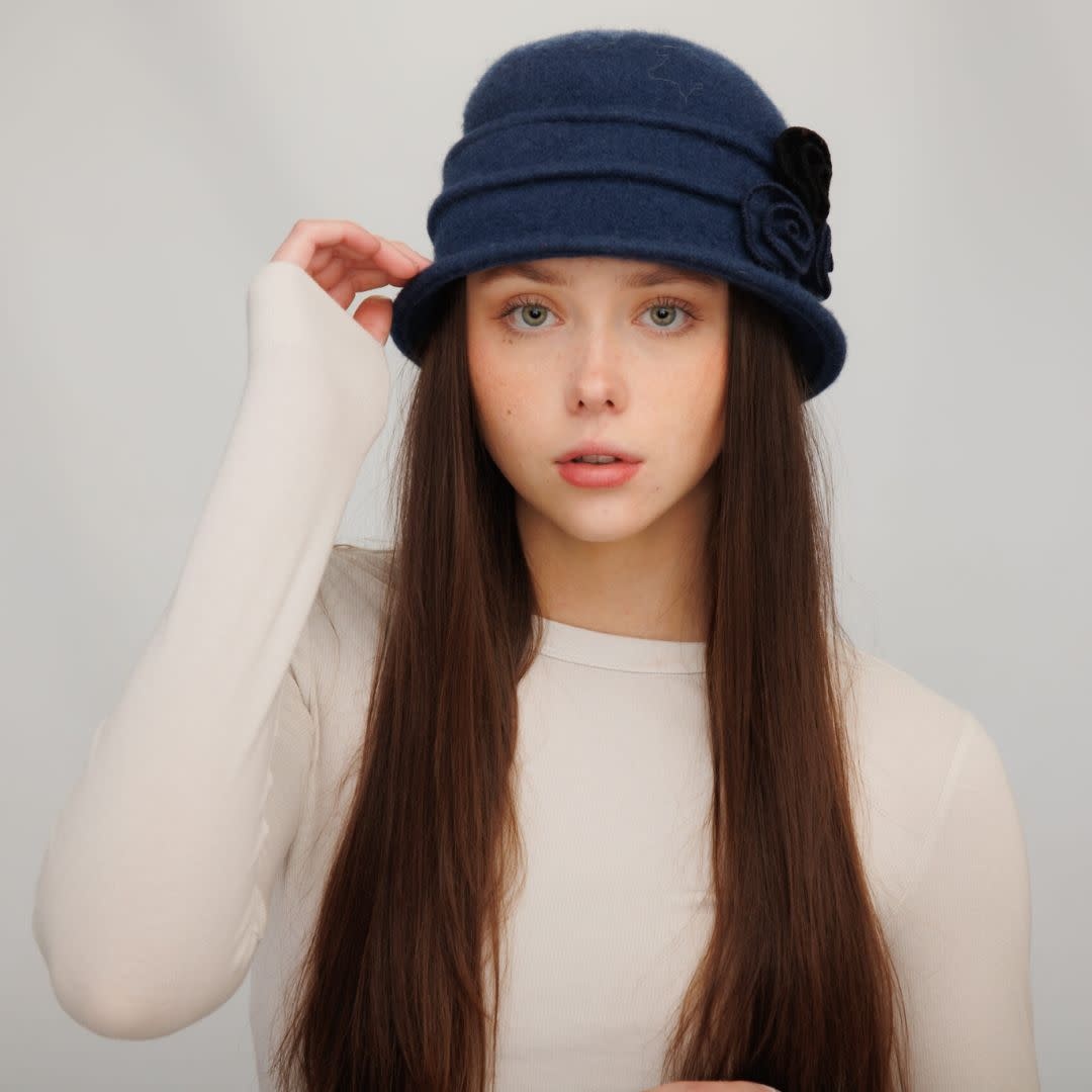 Shihreen Boiled Wool Wire Brim Hat w/ Tri 2 Tone Flower