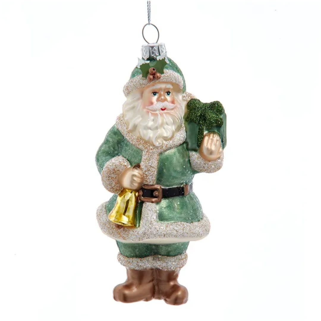 Kurt Adler Glass Green Santa With Gift Ornament