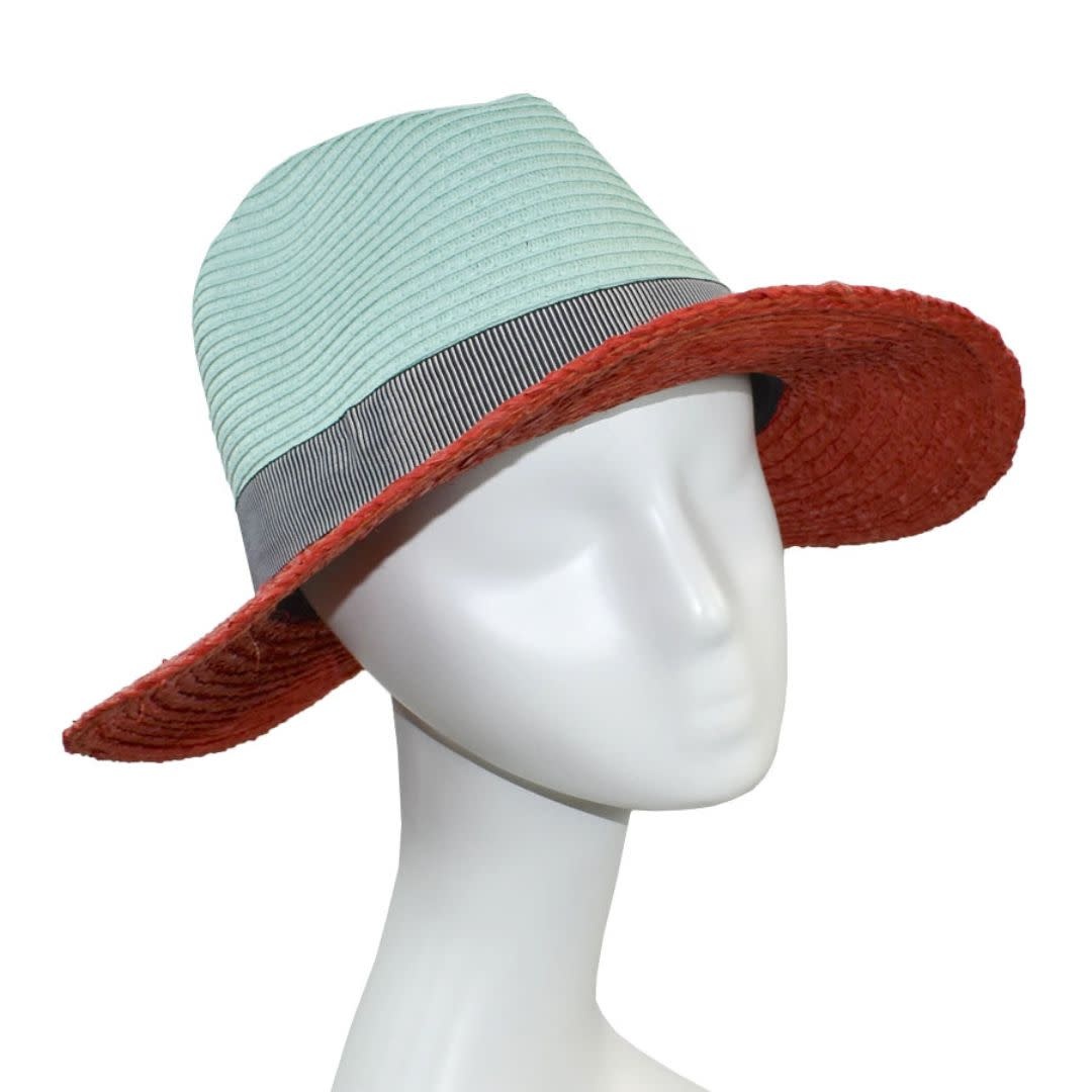 Dupatta Designs Panama Raffia/ Paper Braid Hat with Striped Band - Coral/Mint
