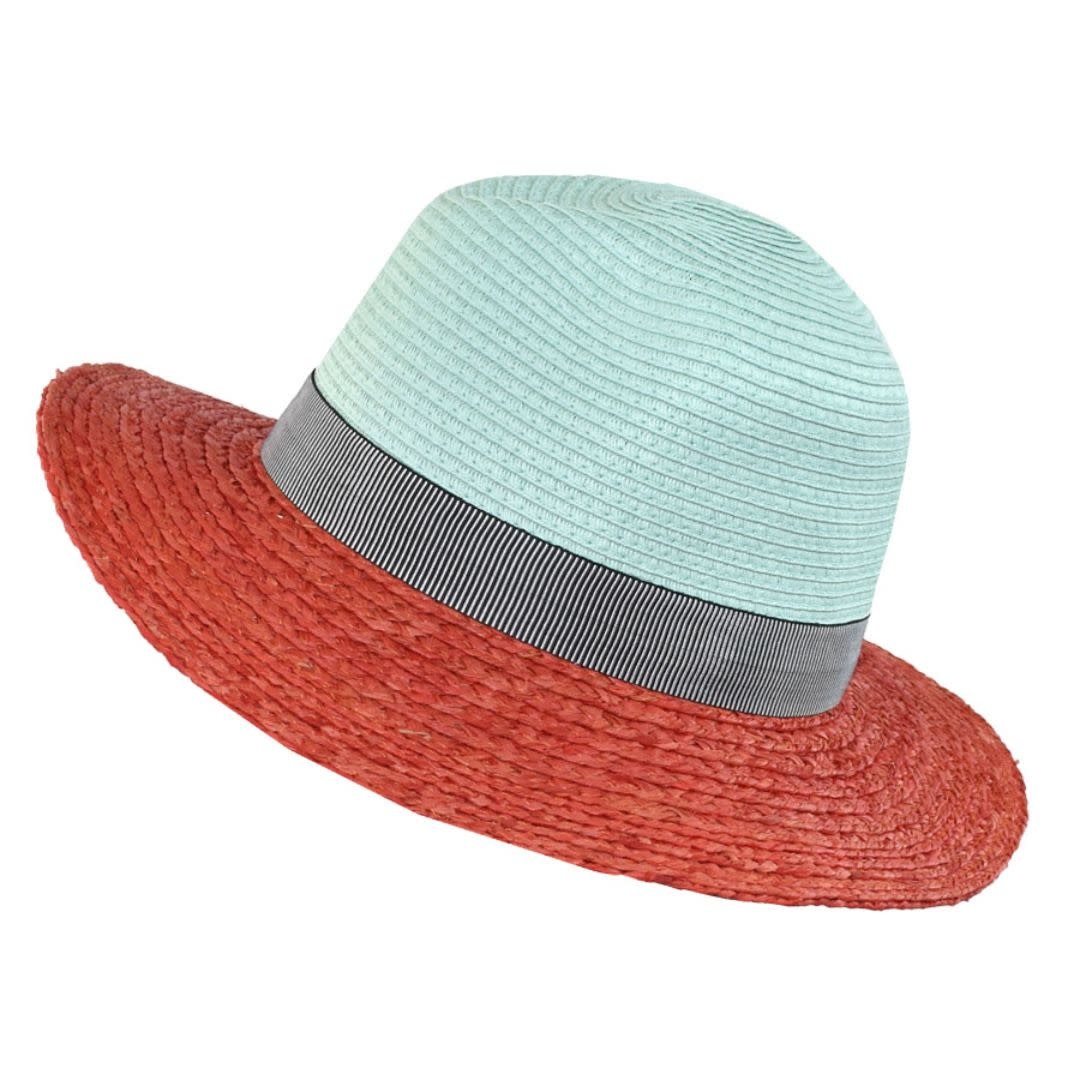 Dupatta Designs Panama Raffia/ Paper Braid Hat with Striped Band - Coral/Mint