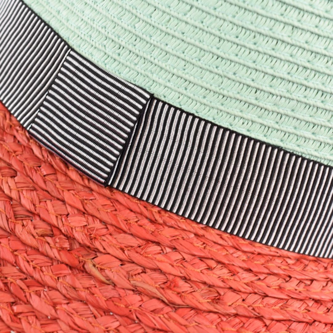 Dupatta Designs Panama Raffia/ Paper Braid Hat with Striped Band - Coral/Mint