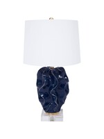 Old World Design LLC HANNAH NAVY BLUE CERAMIC WAVE LAMP WITH GOLD ACCENTS & WHITE LINEN SHADE