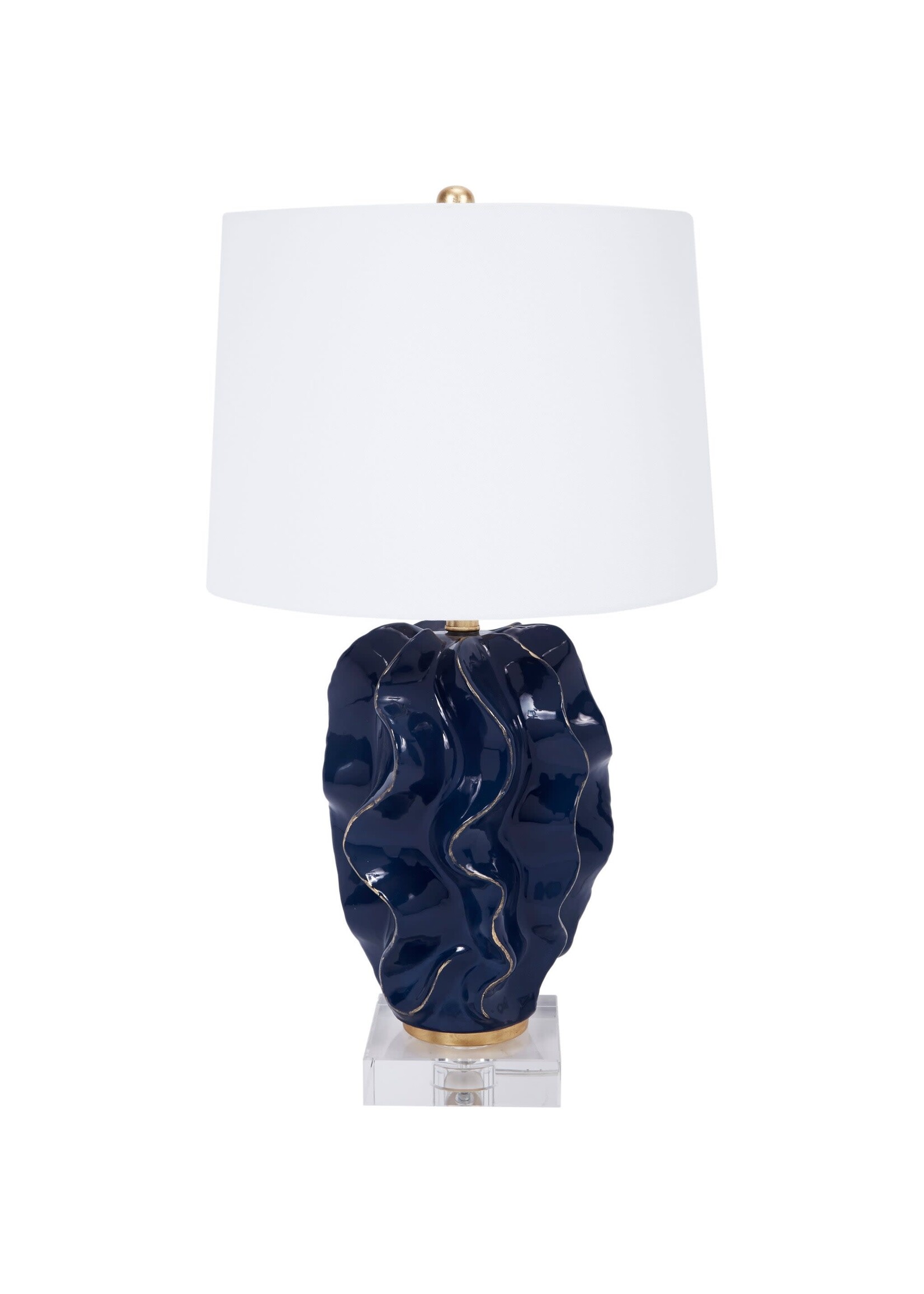 Old World Design LLC HANNAH NAVY BLUE CERAMIC WAVE LAMP WITH GOLD ACCENTS & WHITE LINEN SHADE