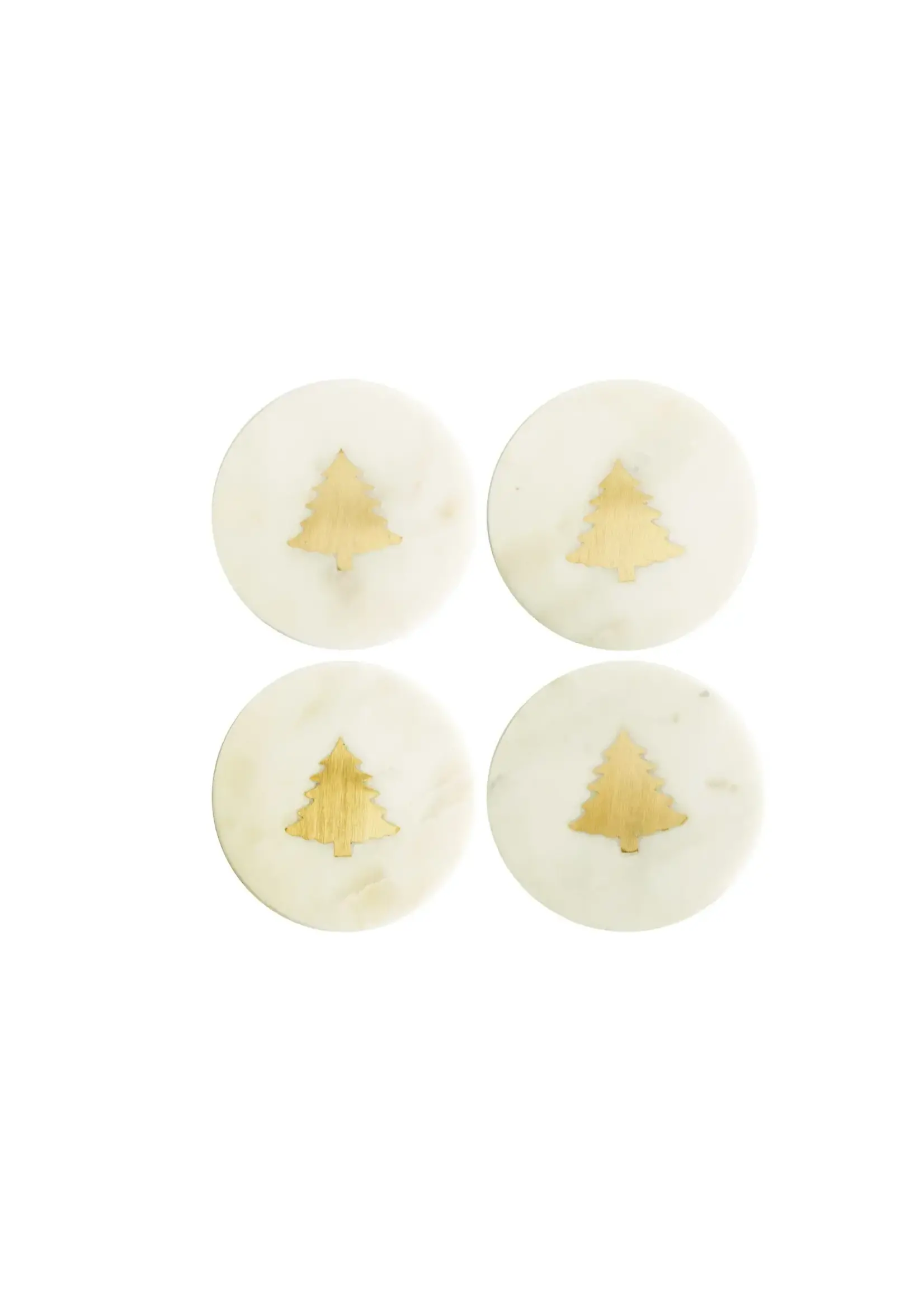 Creative Co-Op Marble Coasters w/ Brass Tree Inlay, White, Set of 4