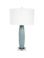 Old World Design LLC MODERN GLASS SIMMONS LAMP WITH BRASS ACCENTS & WHITE LINEN SHADE