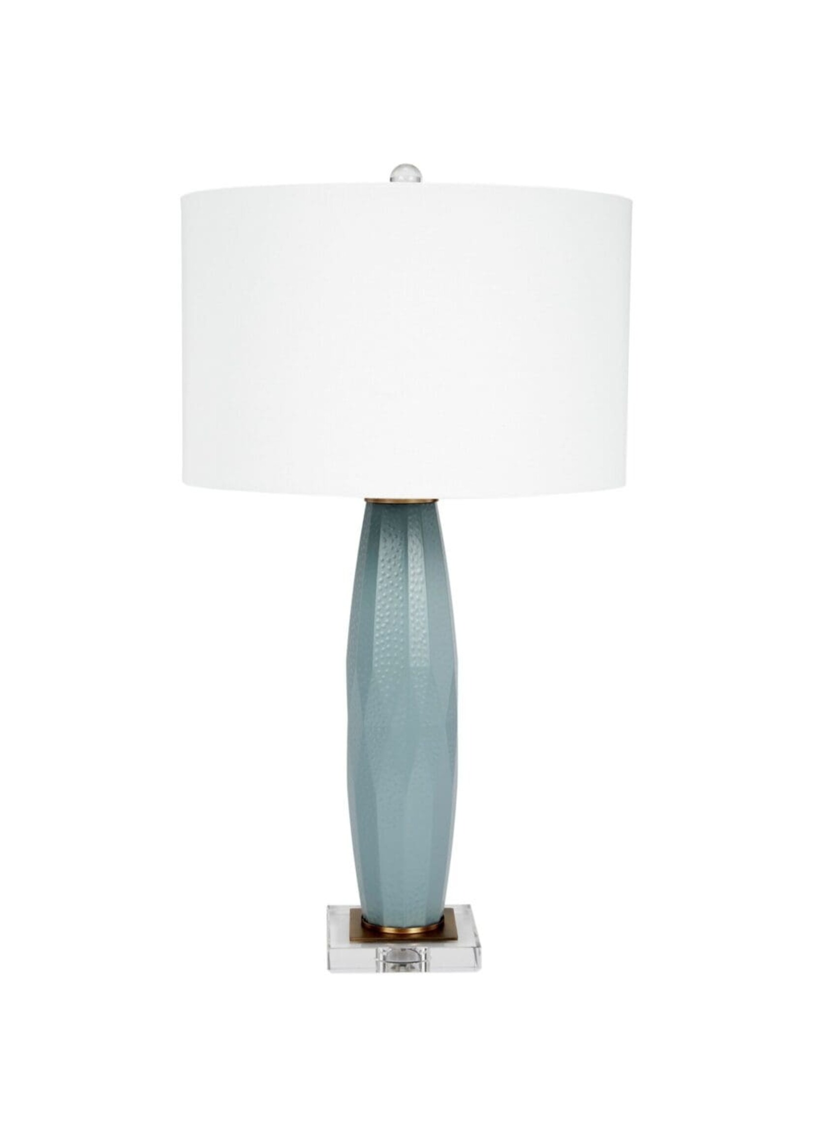 Old World Design LLC MODERN GLASS SIMMONS LAMP WITH BRASS ACCENTS & WHITE LINEN SHADE