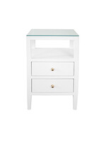 Worlds Away Roscoe Two Drawer Side Table in Coated Lacquered White Linen with Polished Brass Knobs