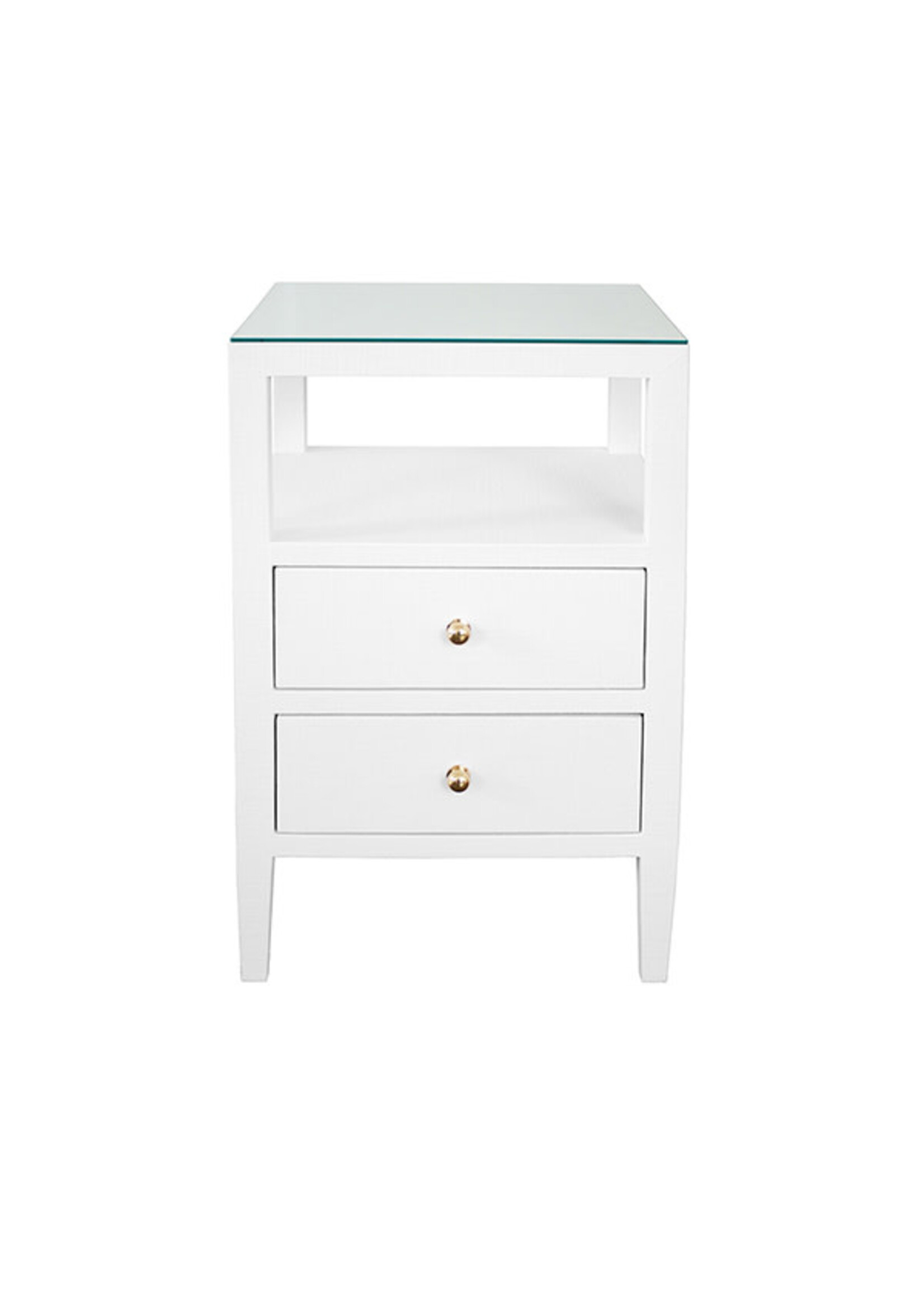Worlds Away Roscoe Two Drawer Side Table in Coated Lacquered White Linen with Polished Brass Knobs
