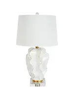 Old World Design LLC HANNAH WHITE CERAMIC WAVE LAMP WITH GOLD ACCENTS & WHITE LINEN SHADE