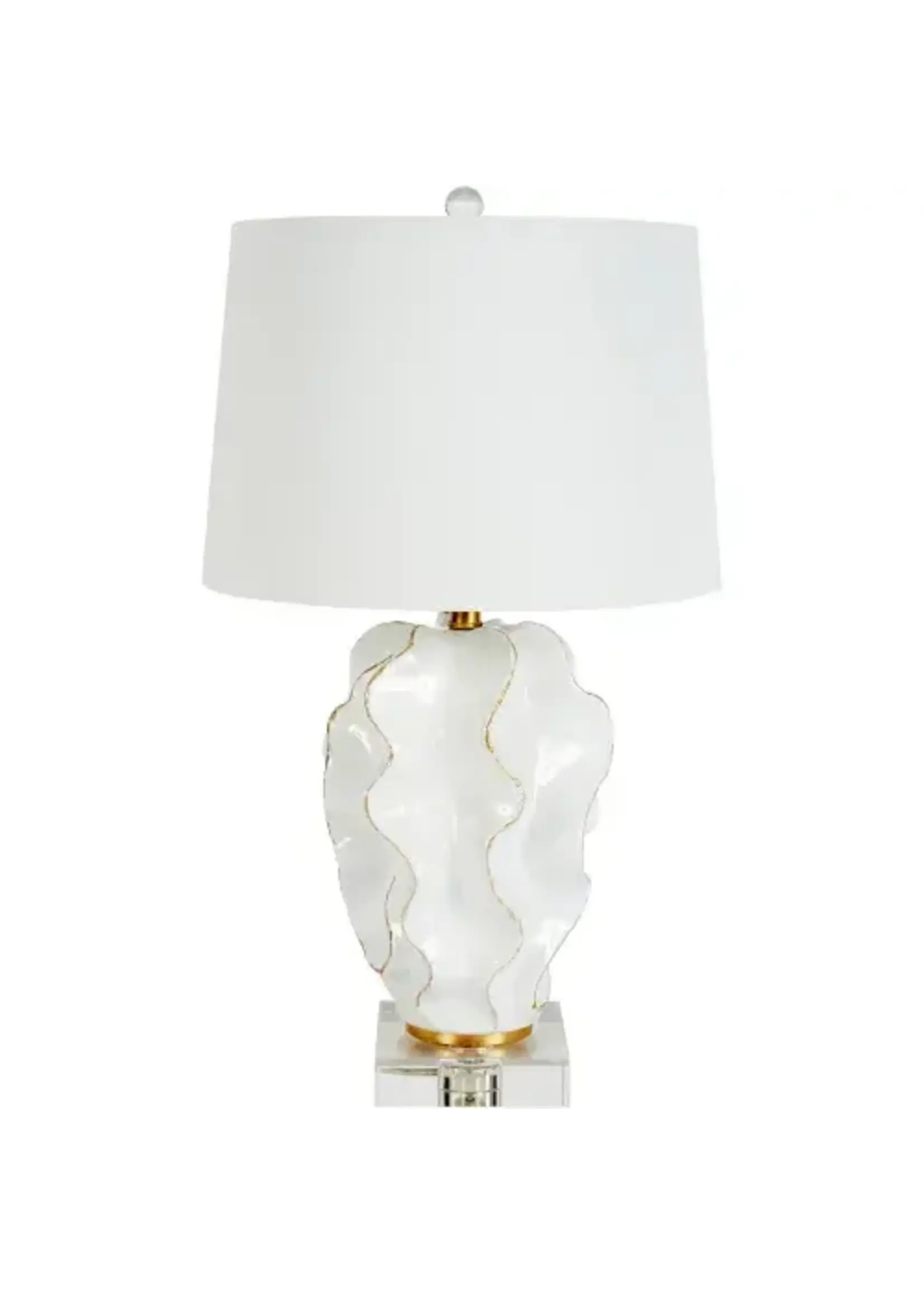 Old World Design LLC HANNAH WHITE CERAMIC WAVE LAMP WITH GOLD ACCENTS & WHITE LINEN SHADE