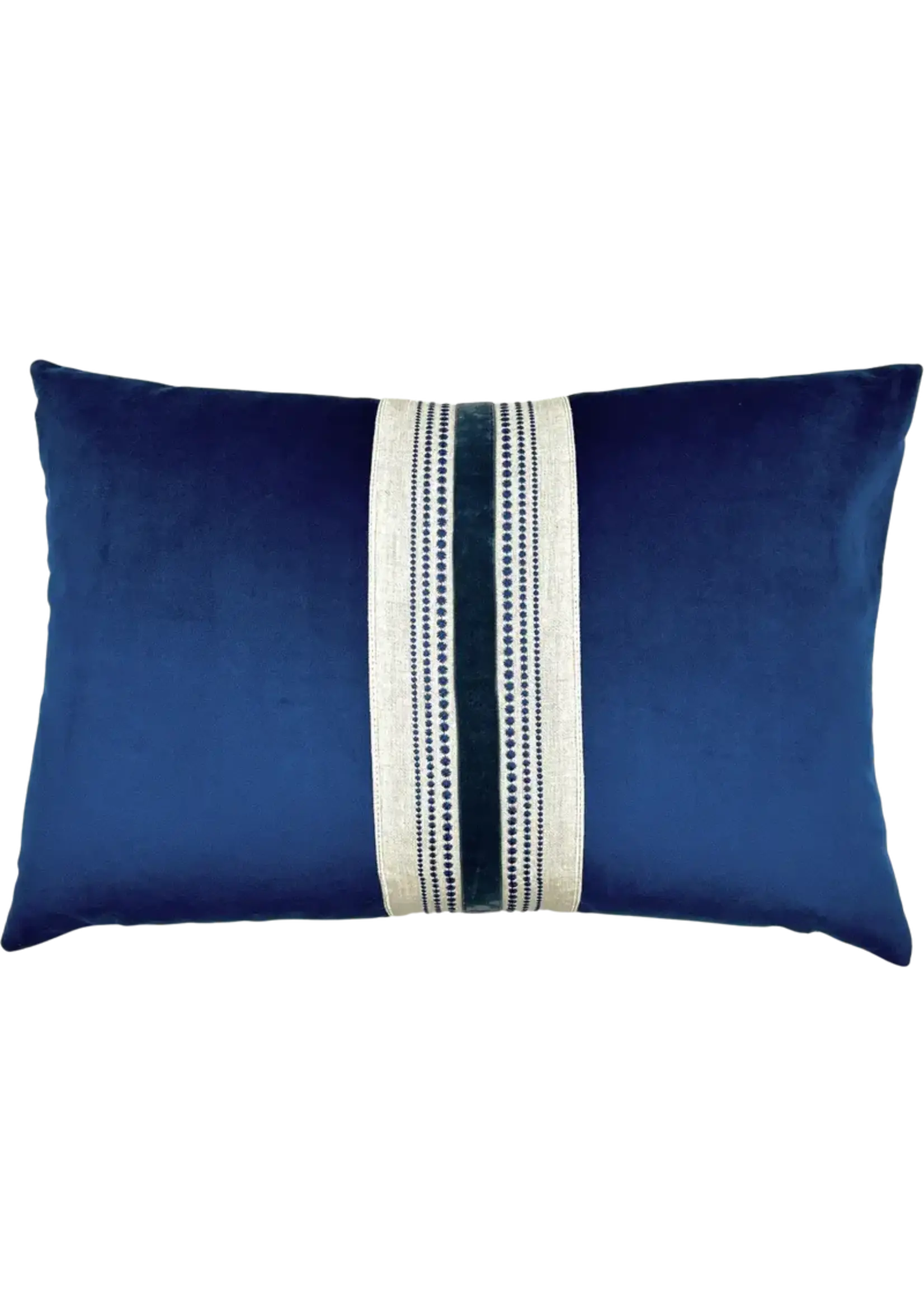 Piper Collection Hollis Blue Velvet Lumbar with Embroidered Tape Detail 16x24
