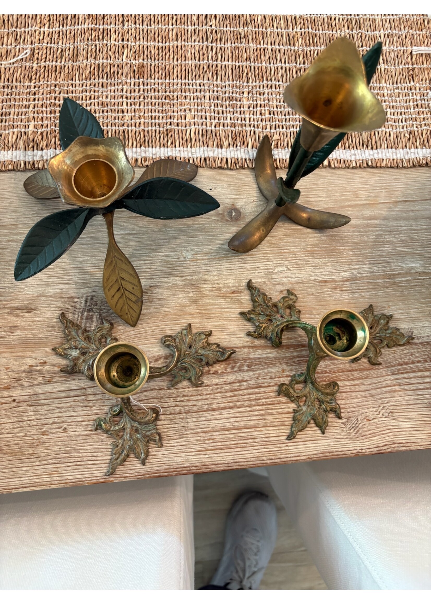 Pam Sumblin Vintage Brass Leaf Candleholders, Set/2