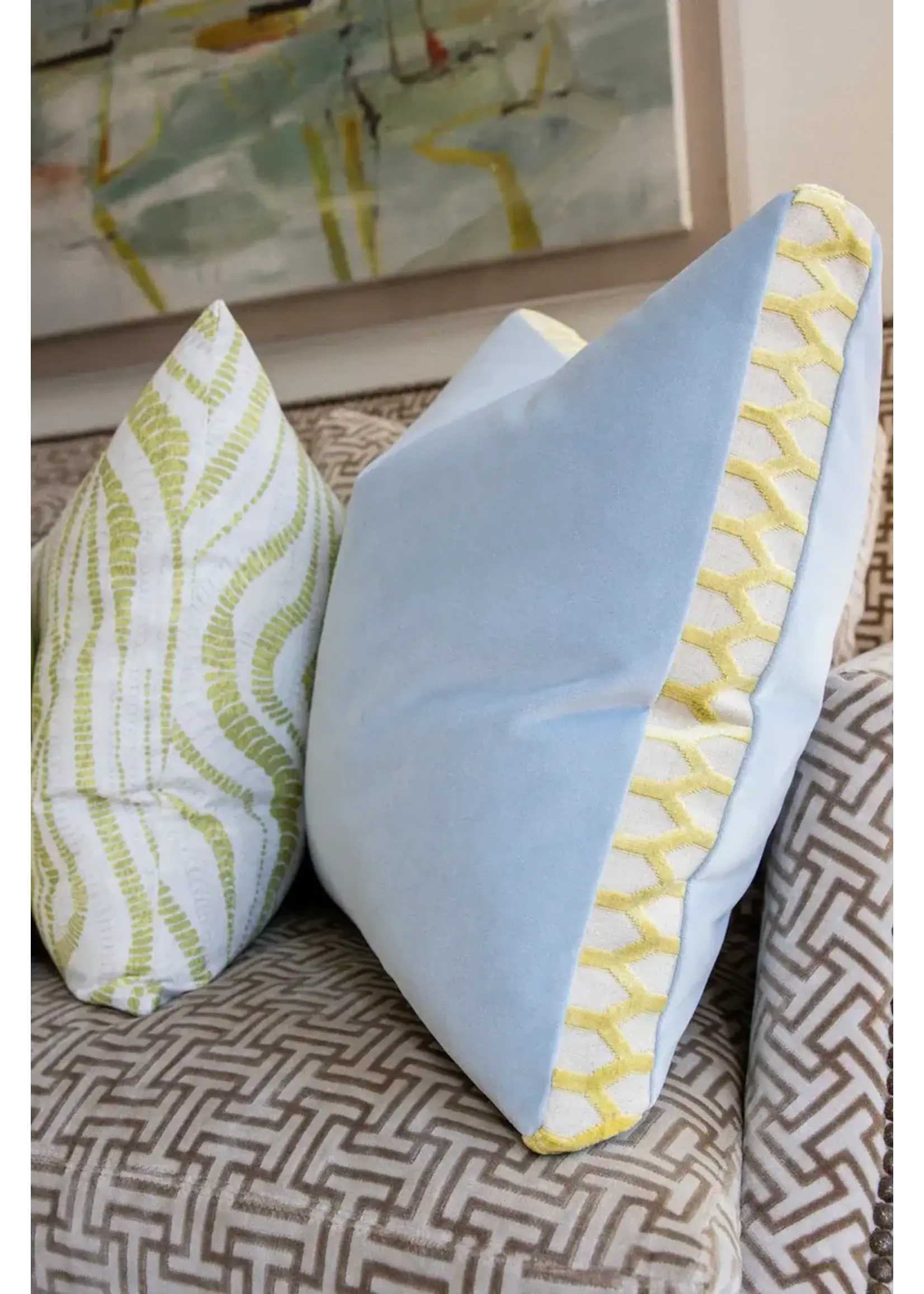 Piper Collection Margot 22x22x2.5 Solid Chambray Velvet Box Pillow with Celery Velvet Trim on Gusset