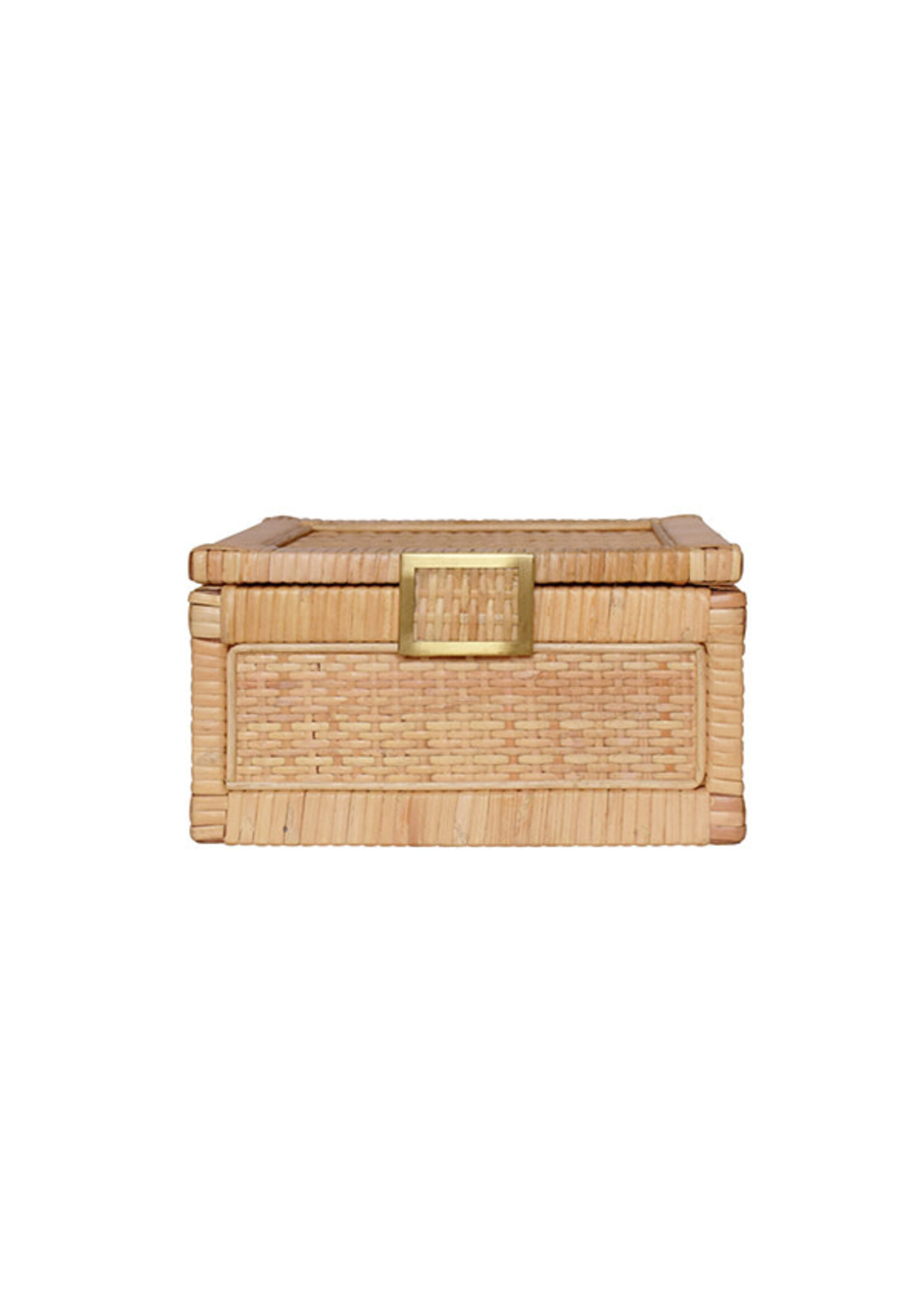 Worlds Away Bruno Small Natural Rattan Decorative Box with Brass Foot Caps