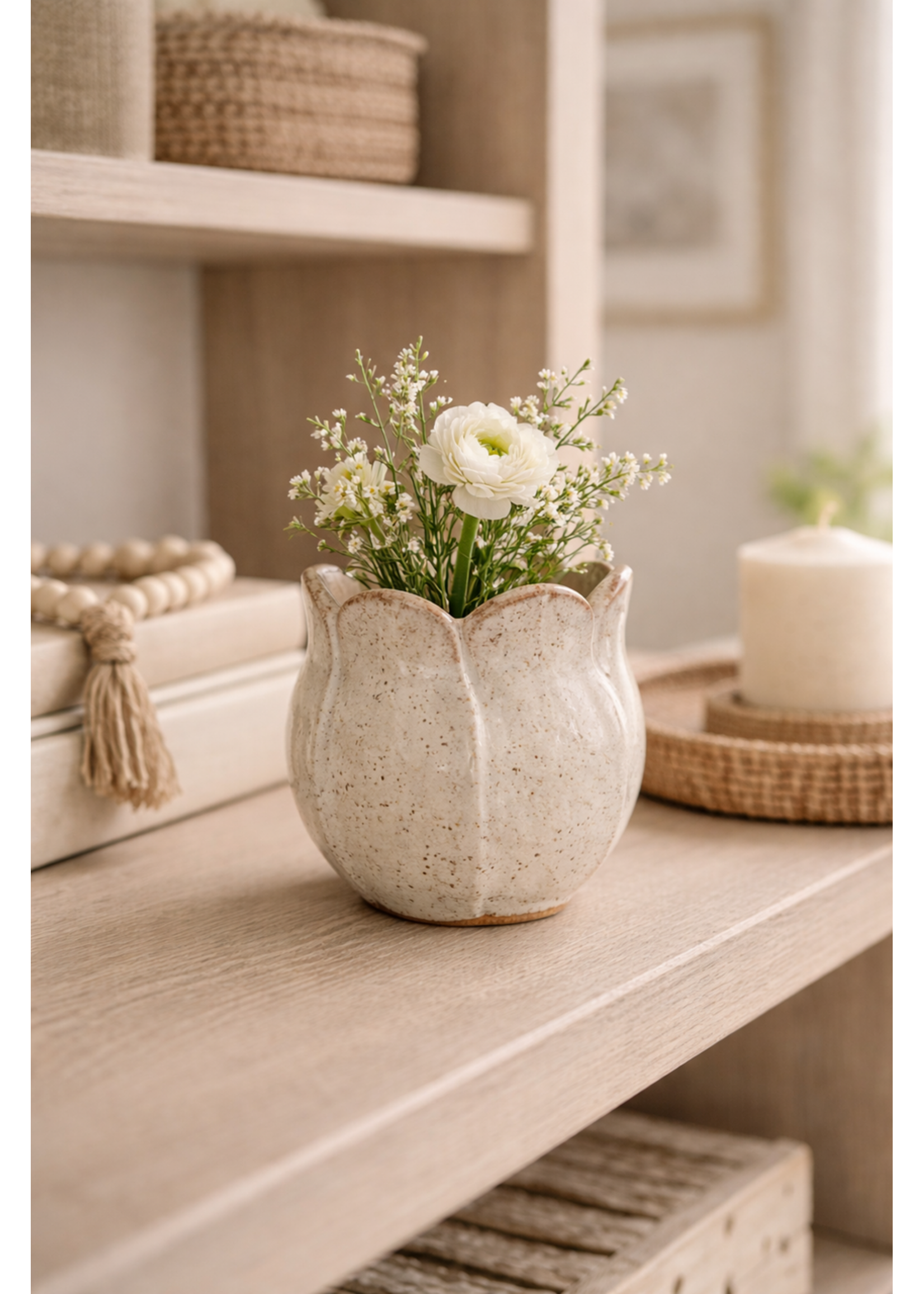 Continental Home Handcrafted Petal-Rim Ceramic Bud Vase, Speckled White