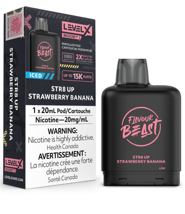 Flavour Beast Str8 Up Strawberry Banana Iced Flavour Beast Level X Boost G2  25000 Disposable Vape Pod