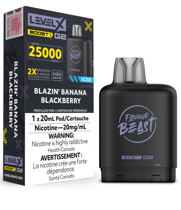 Flavour Beast Blazin’ Banana Blackberry Ice Flavour Beast Level X Boost G2 25000 Disposable Vape Pod