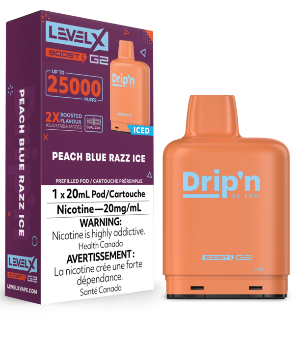 Envi Drip'n Peach Blue Razz Ice Drip’N Level X Boost  G2 25000 Disposable Vape Pod