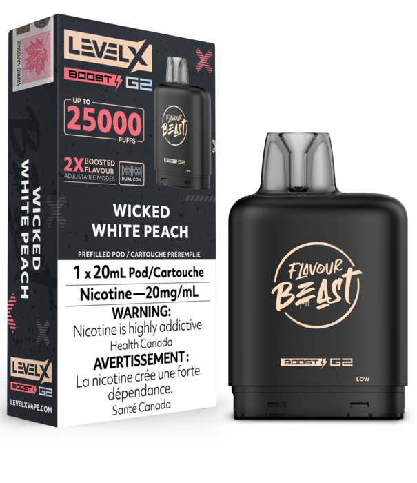 Flavour Beast Wicked White Peach Flavour Beast Level X Boost G2 25000 Disposable Vape Pod