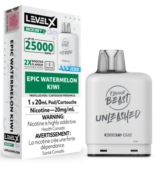 Epic Watermelon Kiwi Ice Flavour Beast Unleashed Level X Boost G2 25000 Disposable Vape  Pod