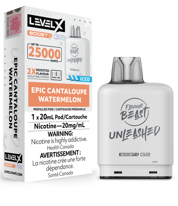 Flavour Beast Epic Cantaloupe watermelon  Flavour Beast  Unleashed Level X Boost G2 25000 Disposable Vape Pod