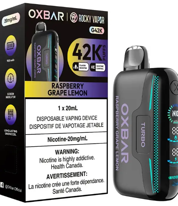Ox Bar Raspberry Grape Lemon Rocky Vapor OxBar G42K Rechargeable Disposable