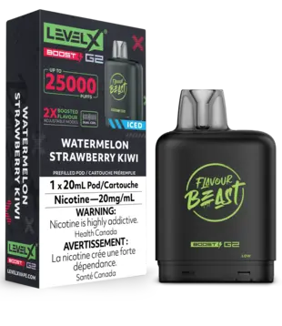 Watermelon Strawberry Kiwi Ice Flavour Beast Level X Boost G2 25000 Disposable Vape Pod