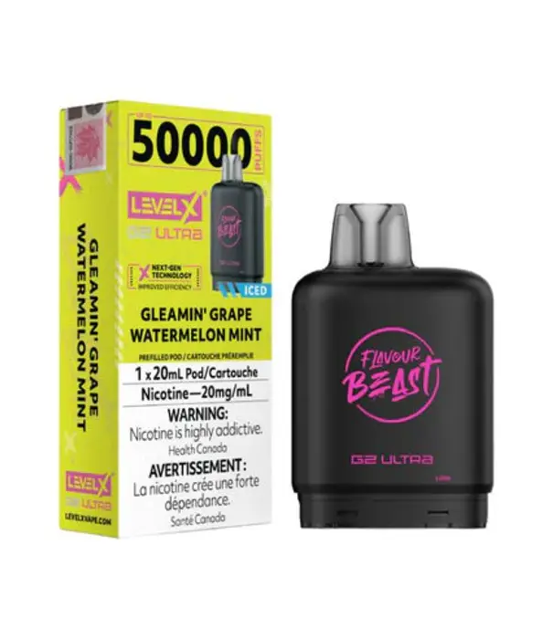Flavour Beast Gleamin Grape Watermelon Mint  Ice Flavour Beast Level X G2 Ultra 50k Disposable Vape Pod