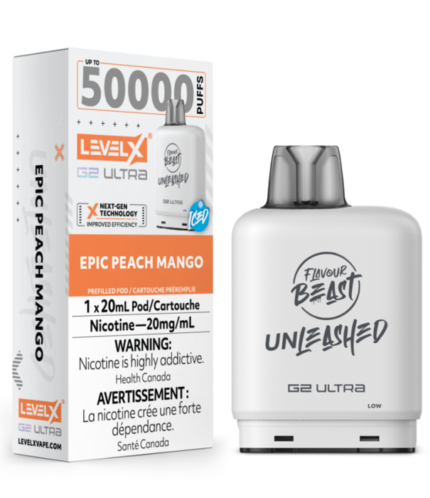 Flavour Beast Epic Peach Mango Ice Flavour Beast Unleashed Level X G2 Ultra 50k Disposable Vape Pod