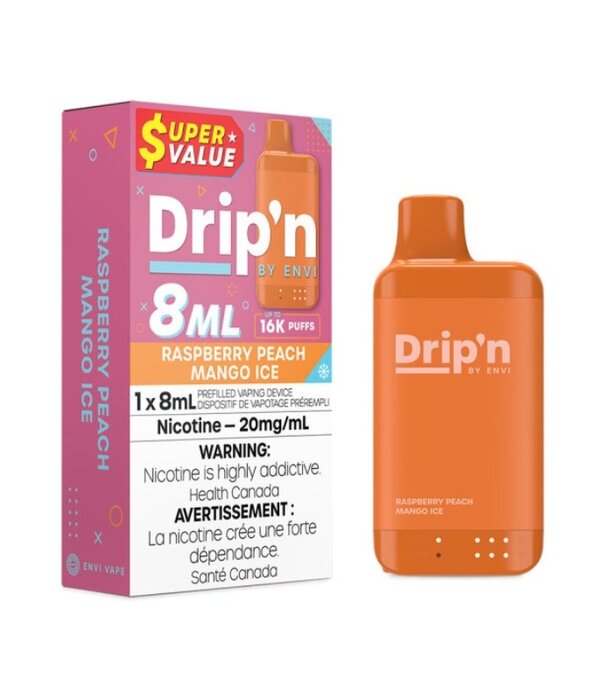 Envi Drip'n Raspberry Peach Mango Ice Drip’N by Envi 8ml 16k Rechargeable Disposable