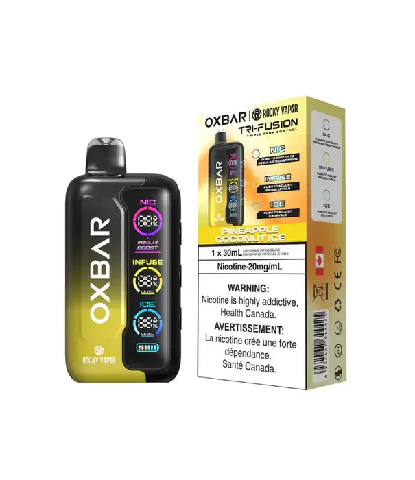 Ox Bar Pineapple Coconut Ice Rocky Vapor Ox Bar Tri-Fusion 30ml Rechargeable Disposable