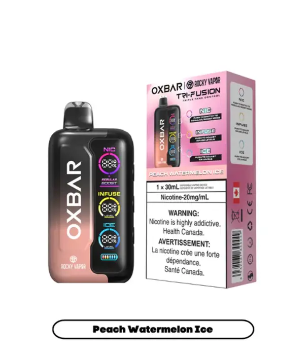 Ox Bar Peach Watermelon Ice Rocky Vapor Ox Bar Tri-Fusion 30ml Rechargeable Disposable