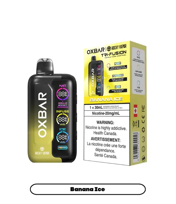 Ox Bar Banana Ice Rocky Vapor Ox Bar Tri-Fusion 30ml Rechargeable Disposable