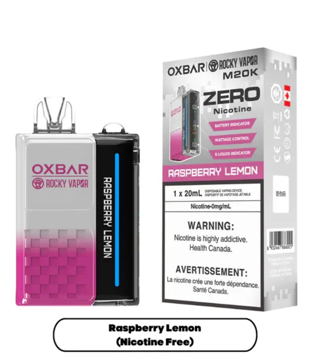 Ox Bar Raspberry Lemon Rocky Vapor Ox Bar M20K Zero Nicotine Recharegable Disposable